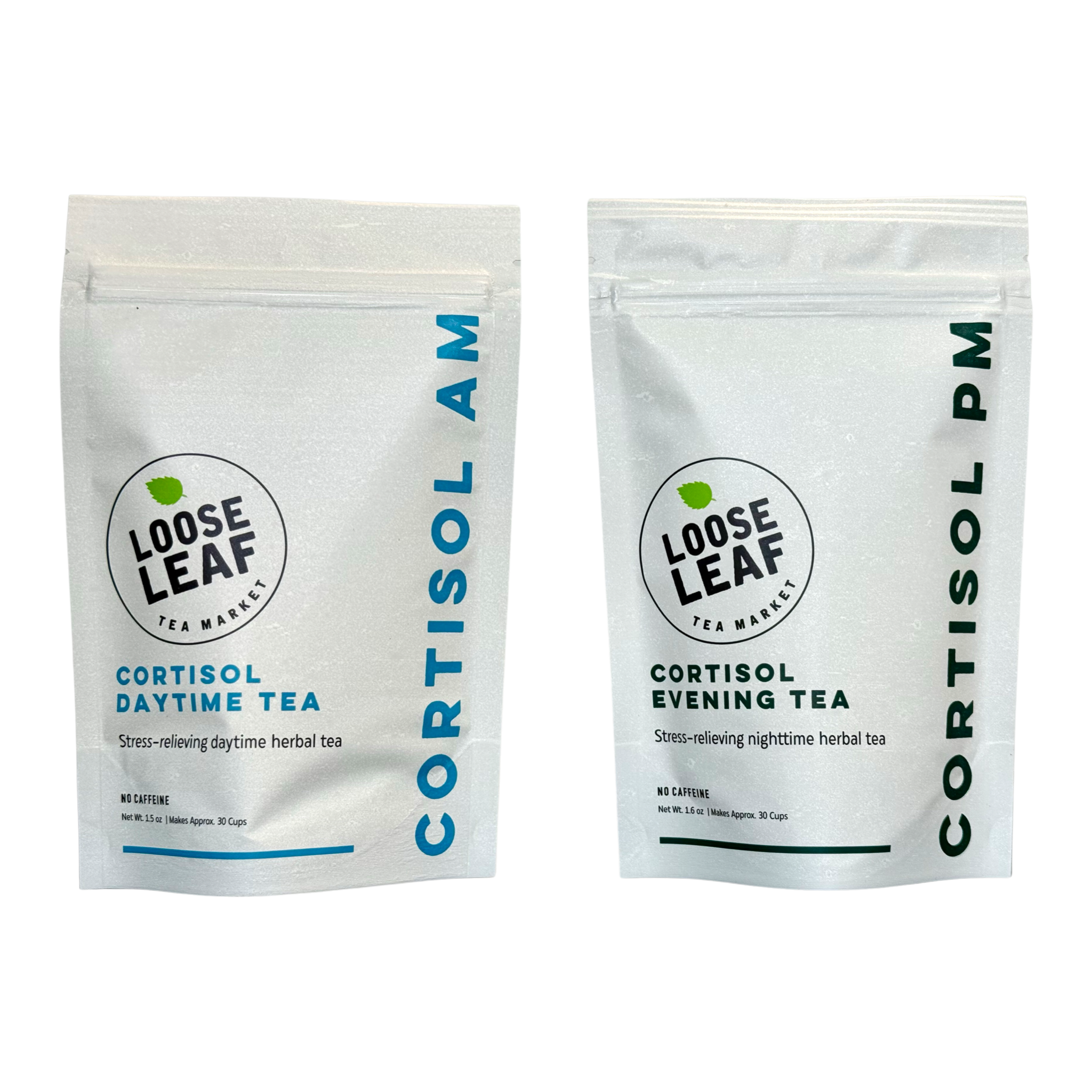 Two packages of Cortisol Daytime and Evening Tea from Loose Leaf Tea Market on a white background.