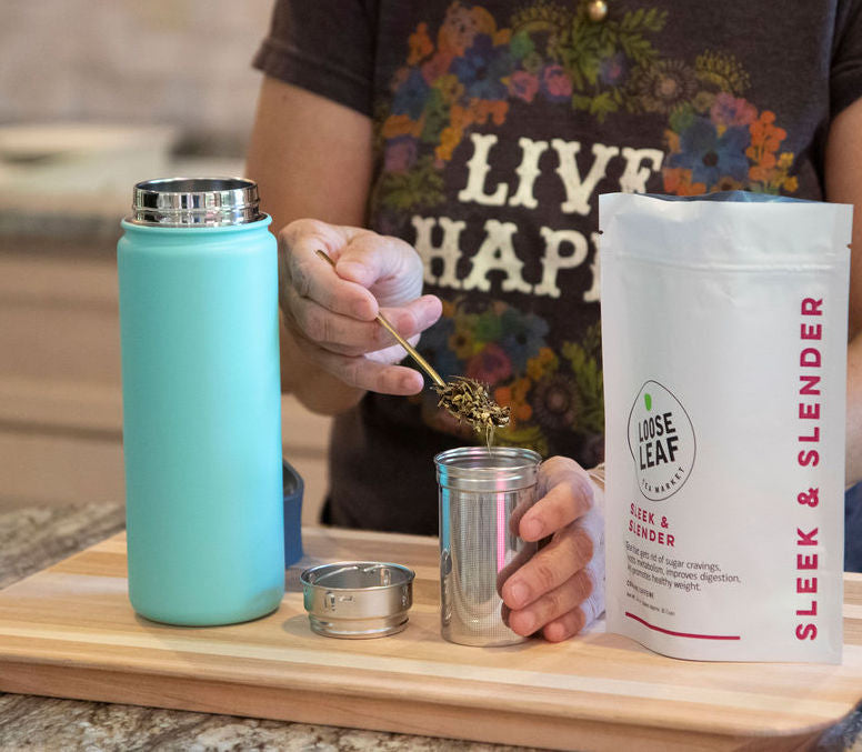 Showing how to make tea in the stainless steel tea tumbler.