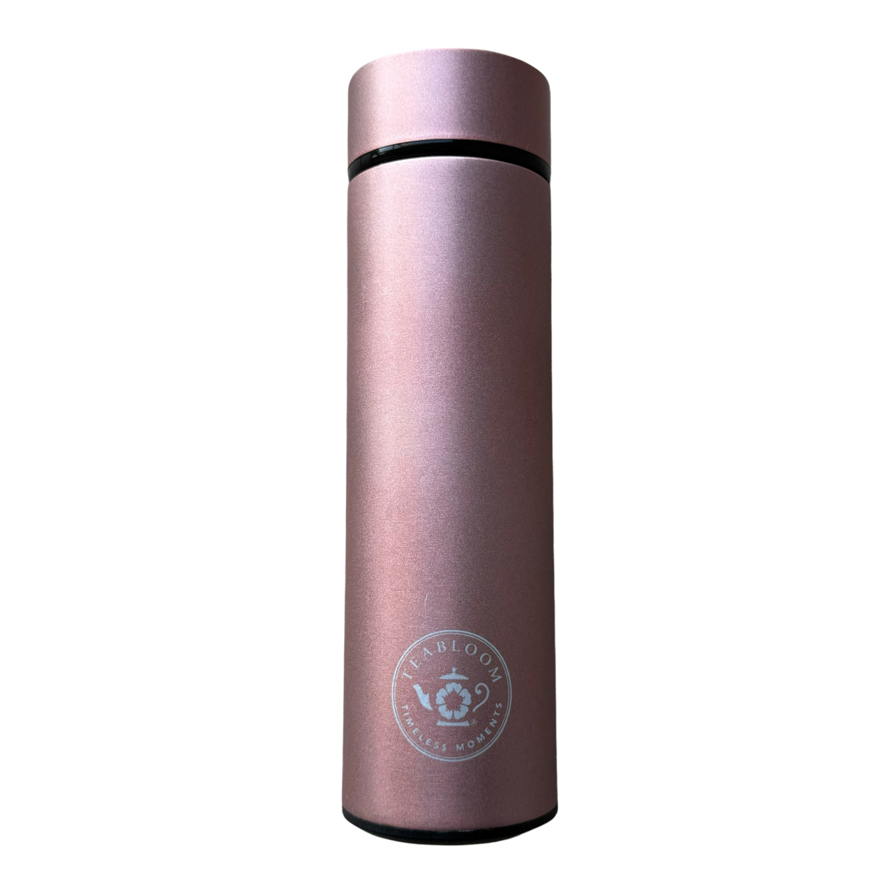 Stainless steel rose gold tea infuser tumbler.