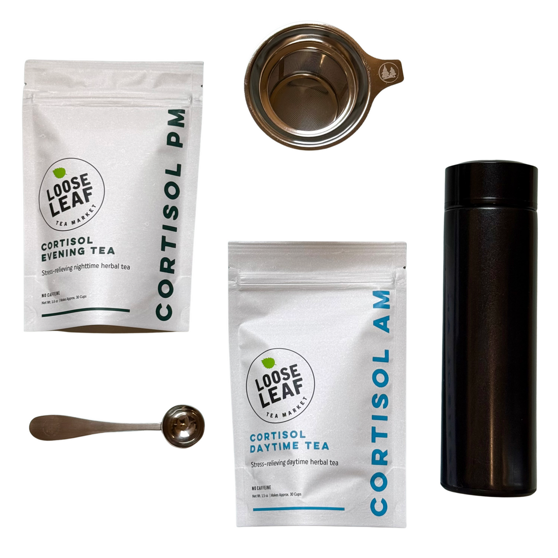 The two teas in the Cortisol Tea Bundle with a stainless steel tea scoop, stainless steel tea infuser, and travel tea tumbler.