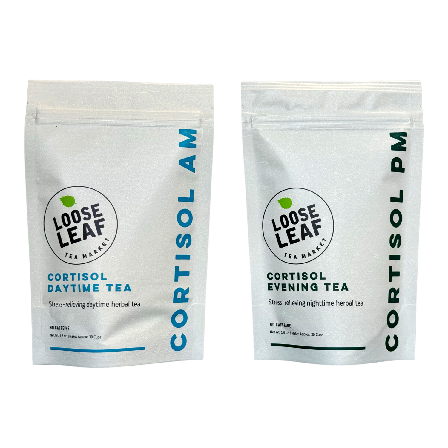 Two packages of Cortisol Daytime and Evening Tea from Loose Leaf Tea Market on a white background.