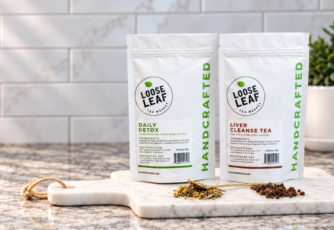 Loose Leaf Tea Market Daily Detox and Liver Cleanse Tea pouches on a marble board with loose tea