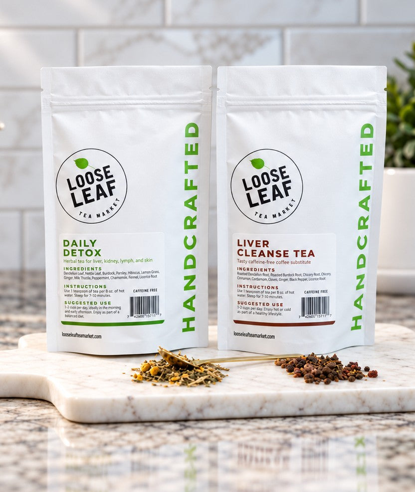 Daily Detox Tea and Liver Cleanse Tea pouches from Loose Leaf Tea Market with loose tea