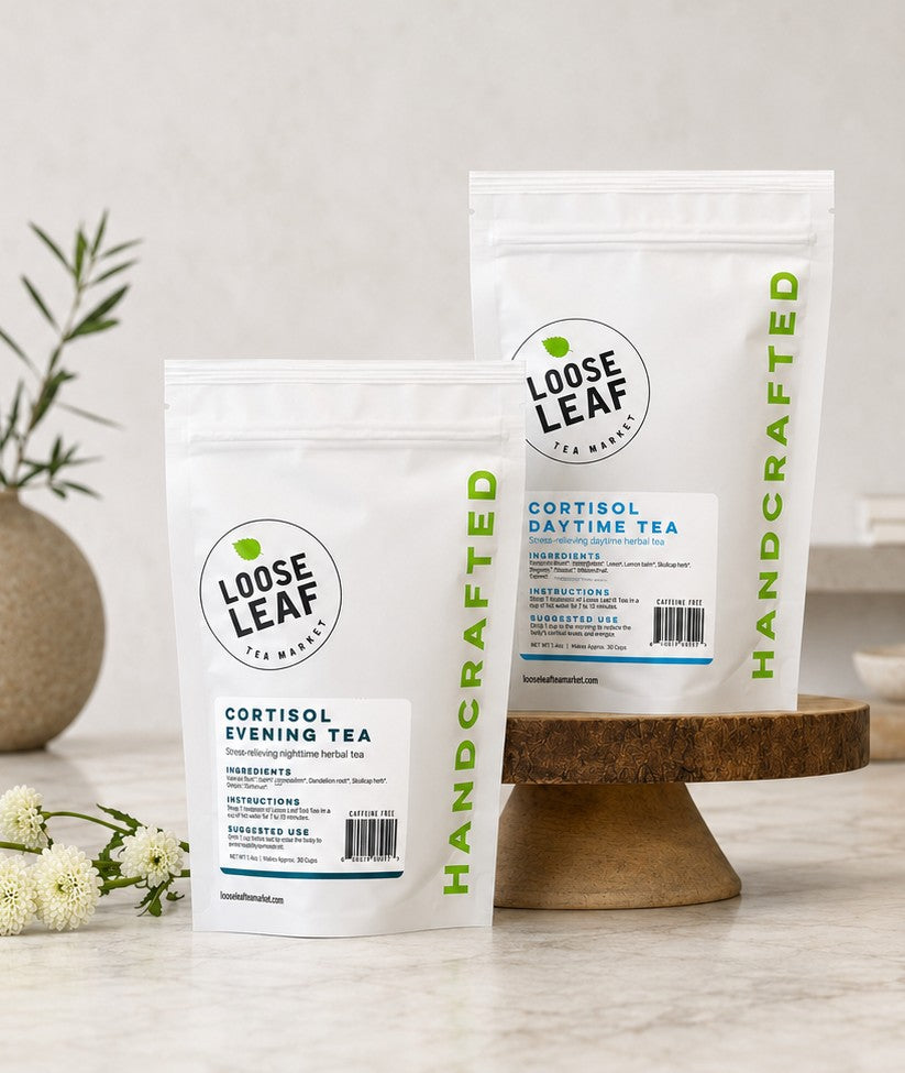 Cortisol Daytime Tea and Cortisol Evening Tea pouches from Loose Leaf Tea Market