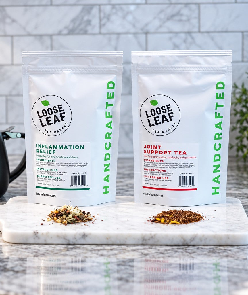 Inflammation Relief Tea and Joint Support Tea pouches from Loose Leaf Tea Market with loose tea